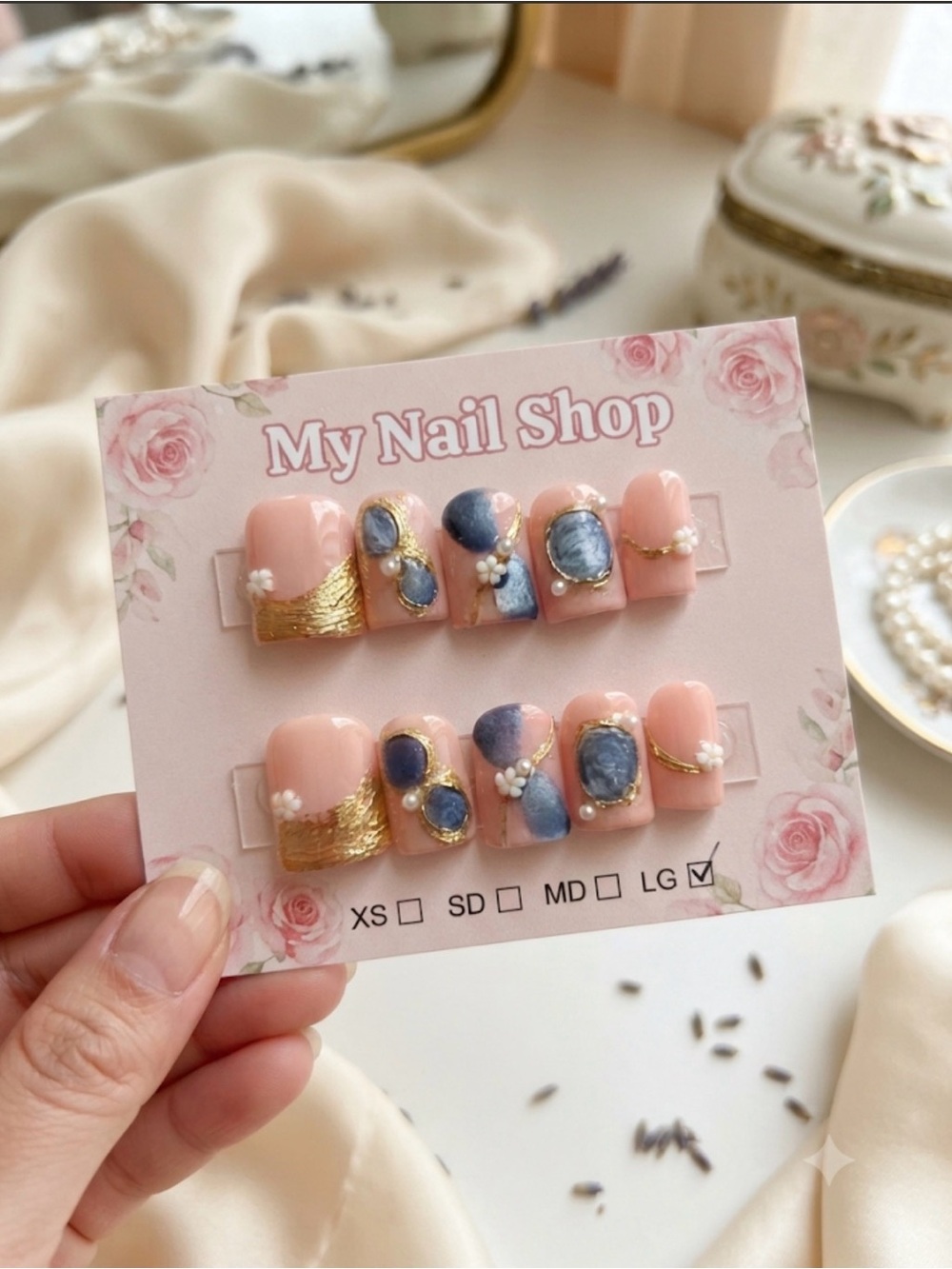 Pink & Blue Press-On Nails with Gold Accents